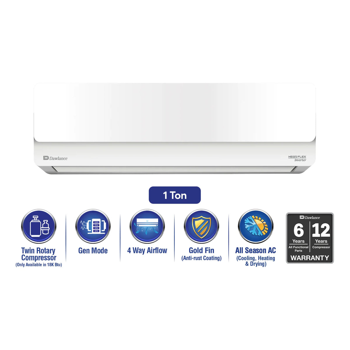 Dawlance Mega Flex Inverter 15 1 Ton White AC – front view