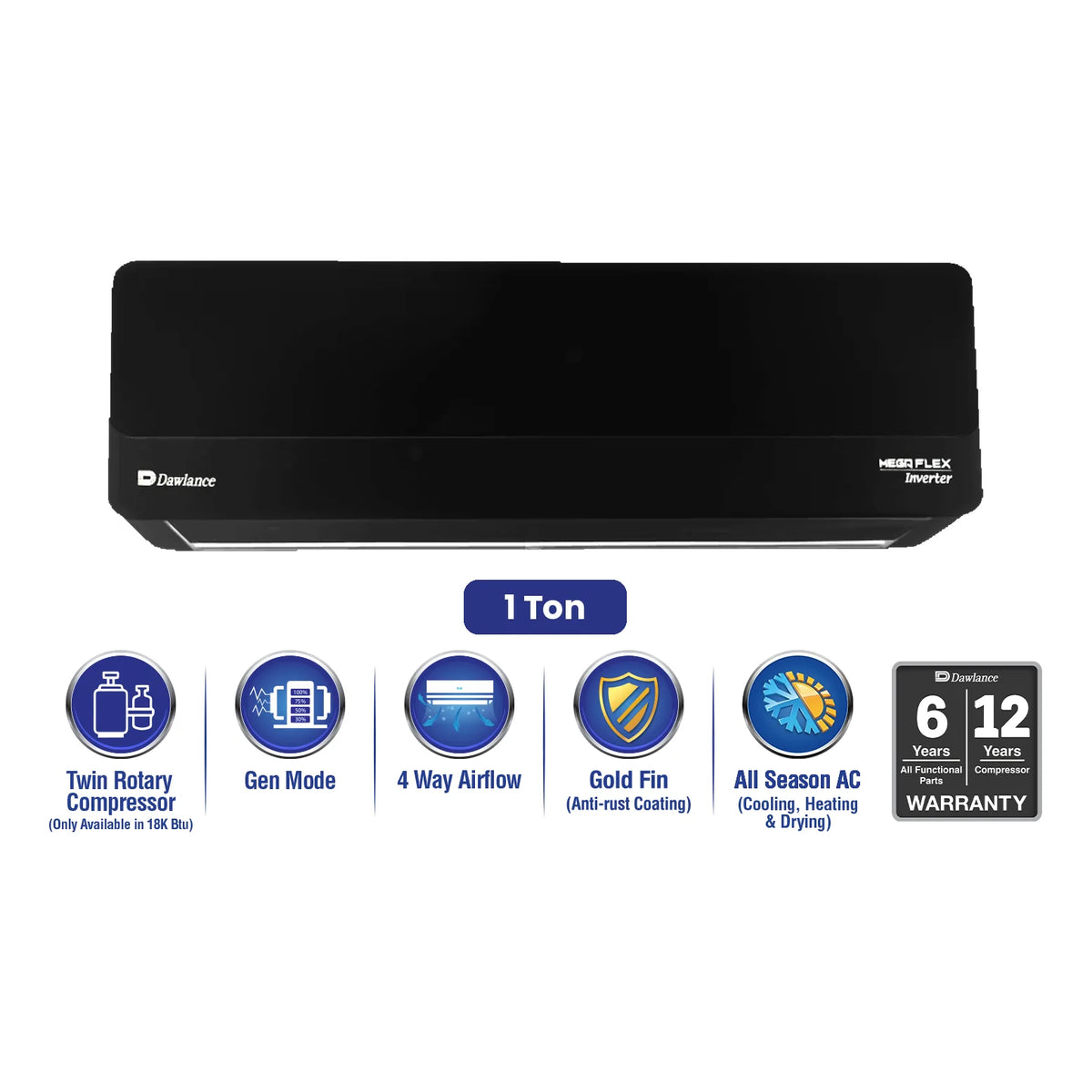 Dawlance Mega Flex Inverter 15 Black 1 Ton AC – front view
