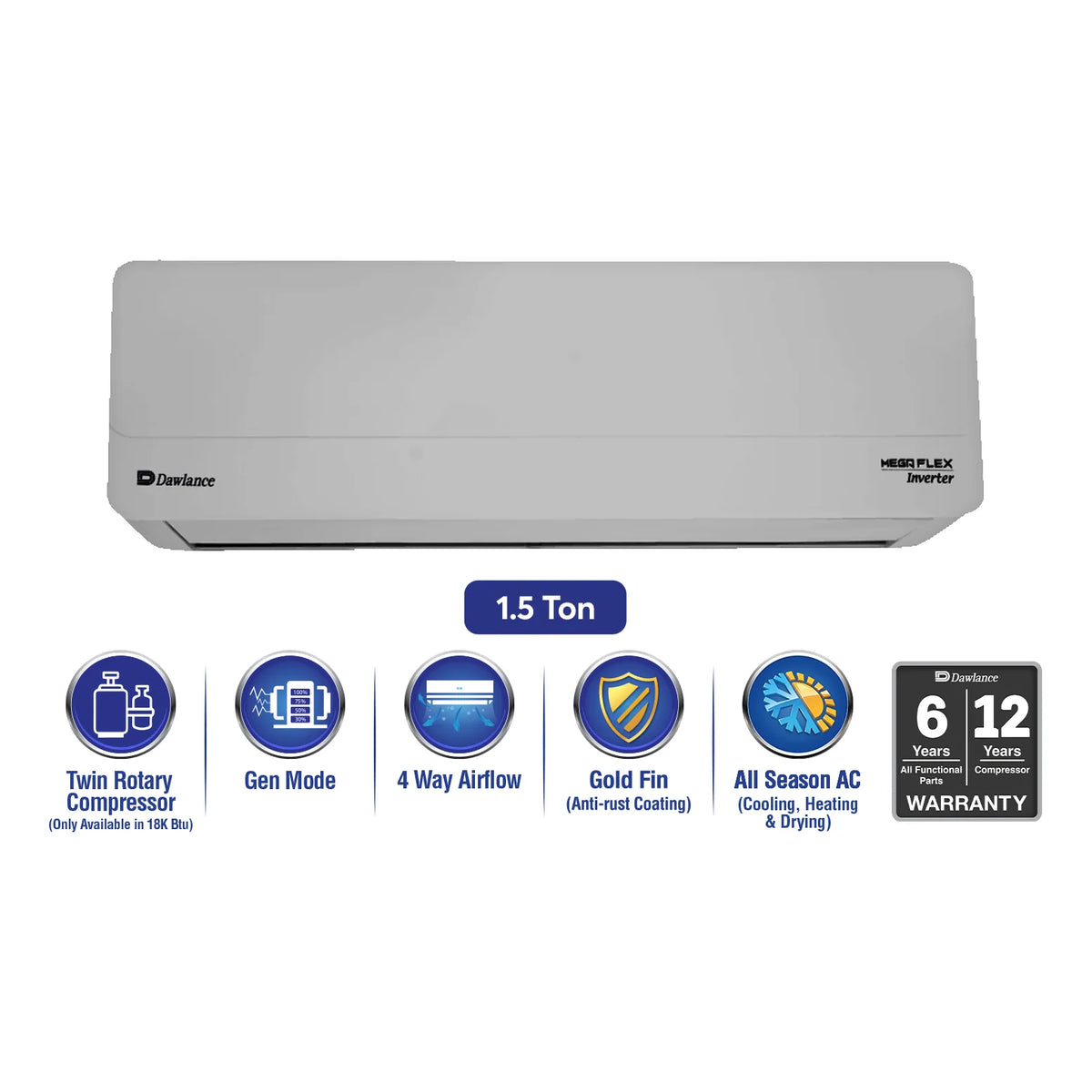 Dawlance Mega Flex Inverter 30 Silver 1.5 Ton AC – front view