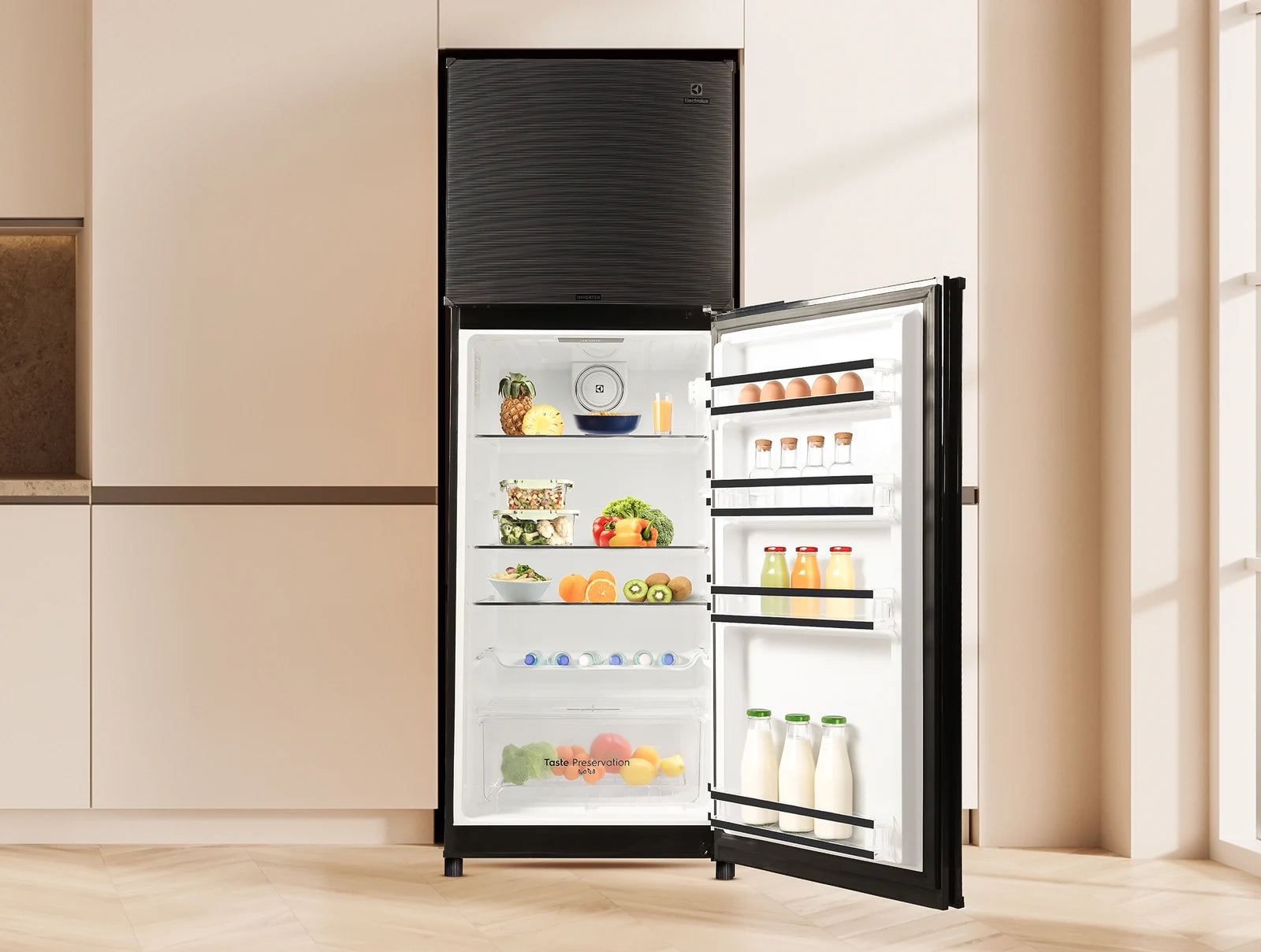 Electrolux ELR-360 INV GDC Direct Cool Inverter Top Mount Refrigerator 334L - Linear Impression - open doors showing interior