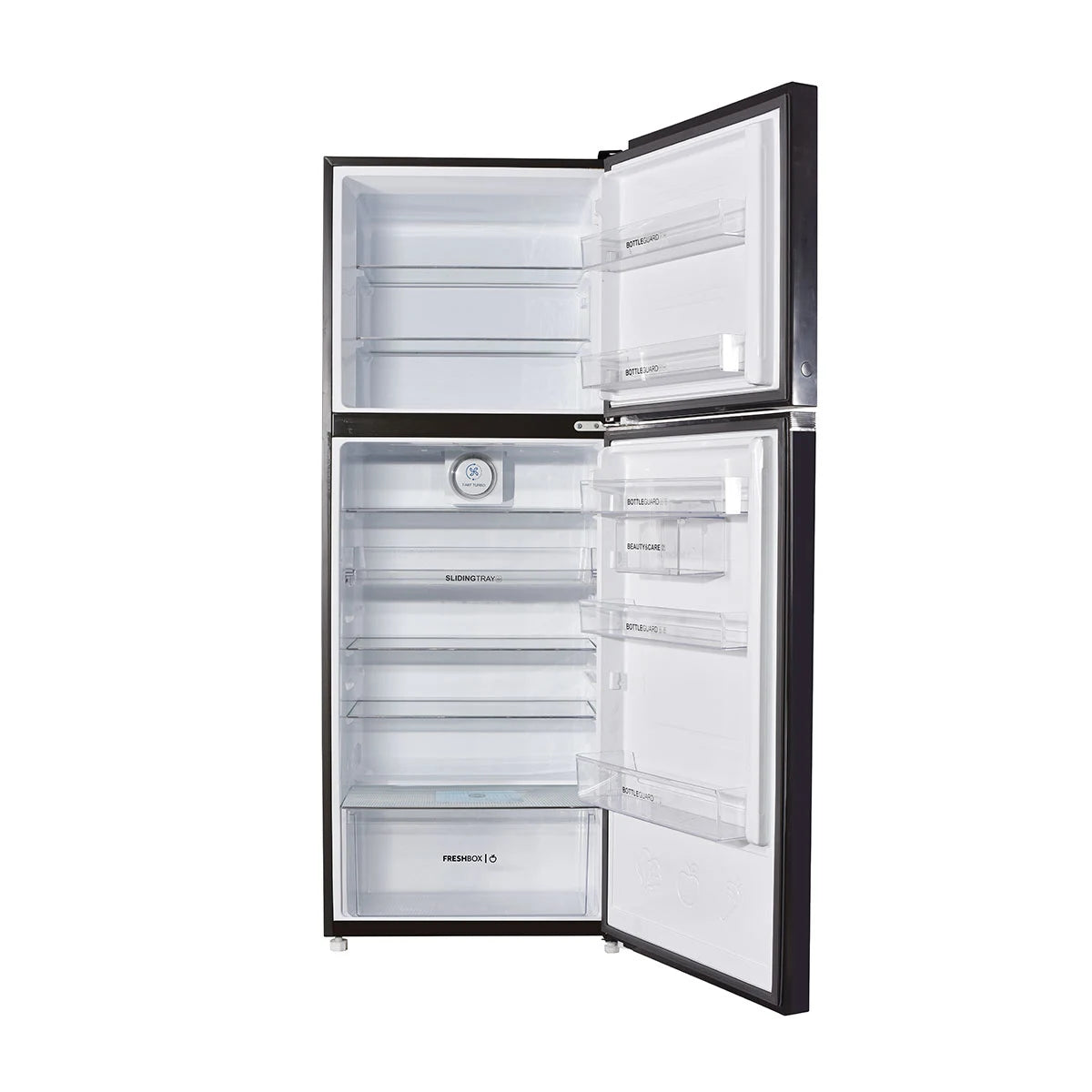 Haier HRF-418IFGA Digital Inverter Refrigerator – Green glass door, doors open interior view
