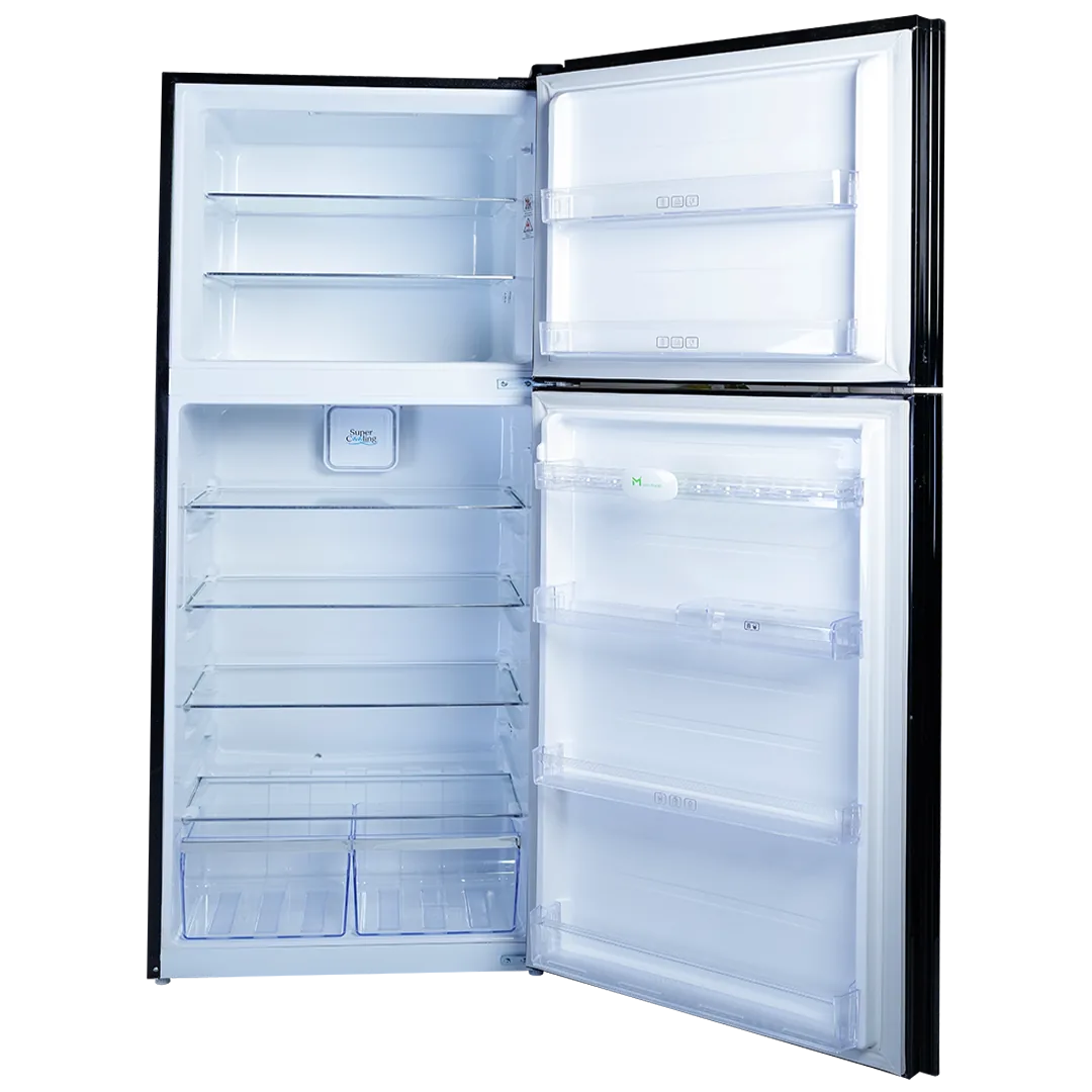 Homage HR-47672 Tech Inverter Glass Door 17 Cu Ft Refrigerator – Maroon Glass open view