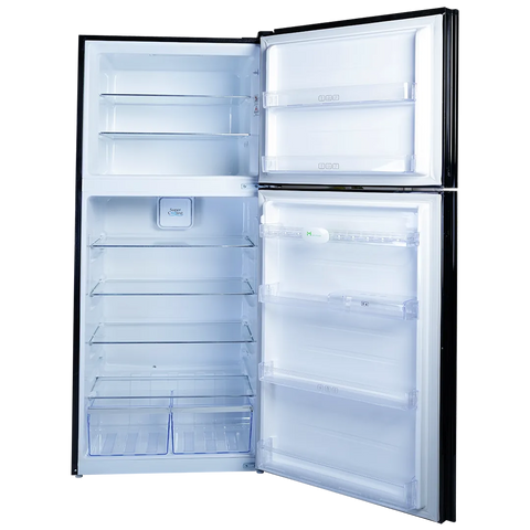 Homage HR-47782 Tech Inverter Glass Door 20 Cu Ft Refrigerator – Maroon Glass open view
