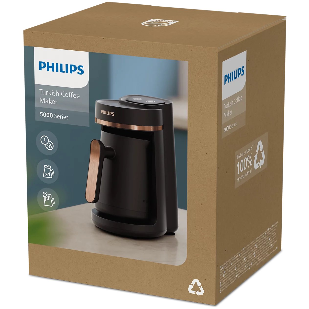 Philips 5000 Series Turkish Coffee Maker displayed alongside its product packaging box