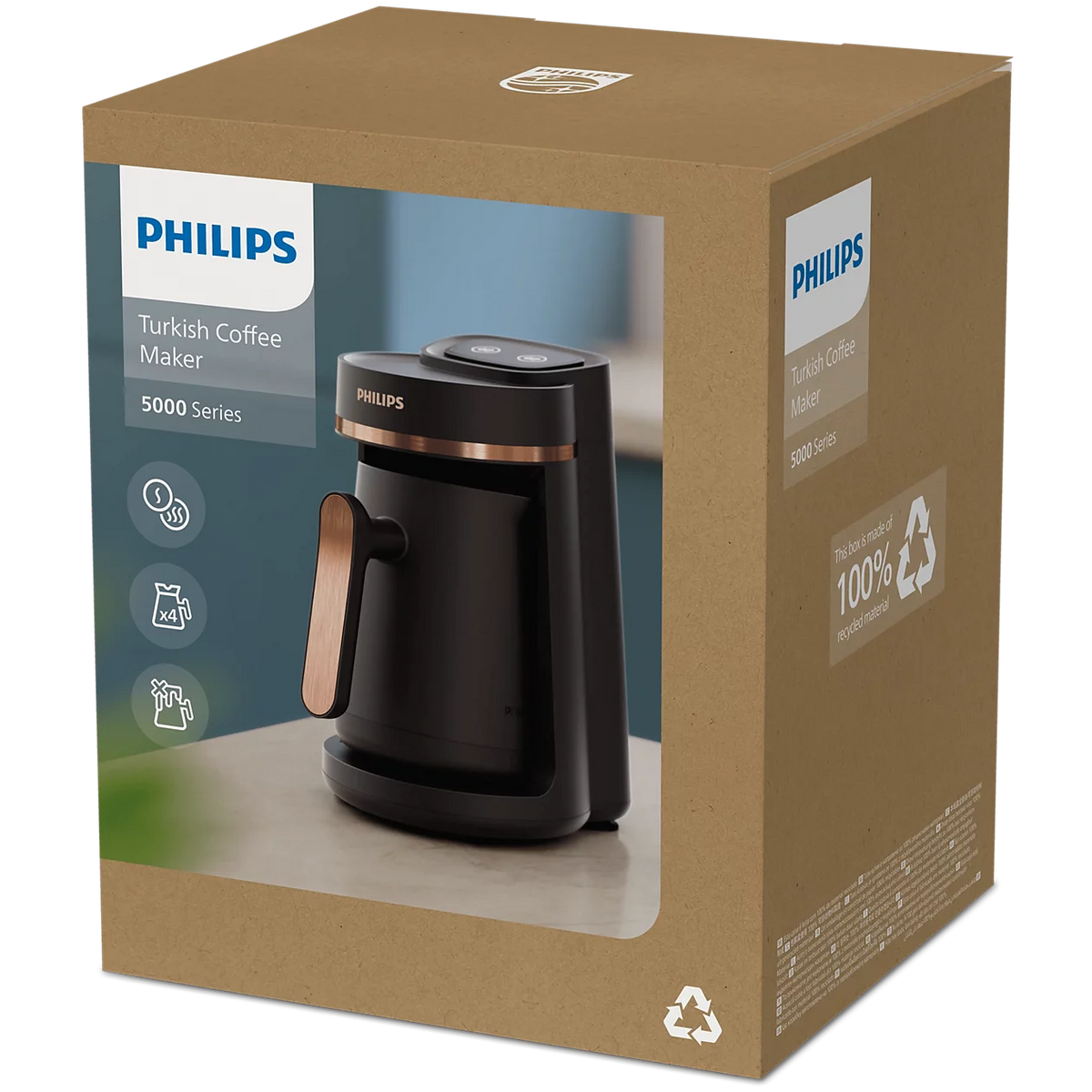 Philips 5000 Series Turkish Coffee Maker displayed alongside its product packaging box