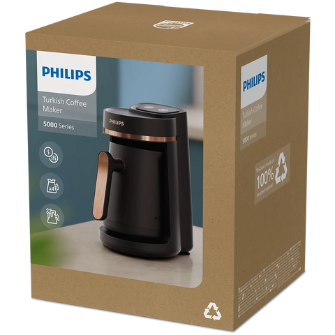 Philips 5000 Series Turkish Coffee Maker displayed alongside its product packaging box
