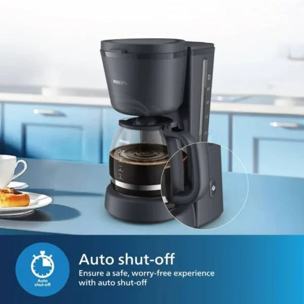 Philips coffee maker featuring auto shut-off function banner on a kitchen counter