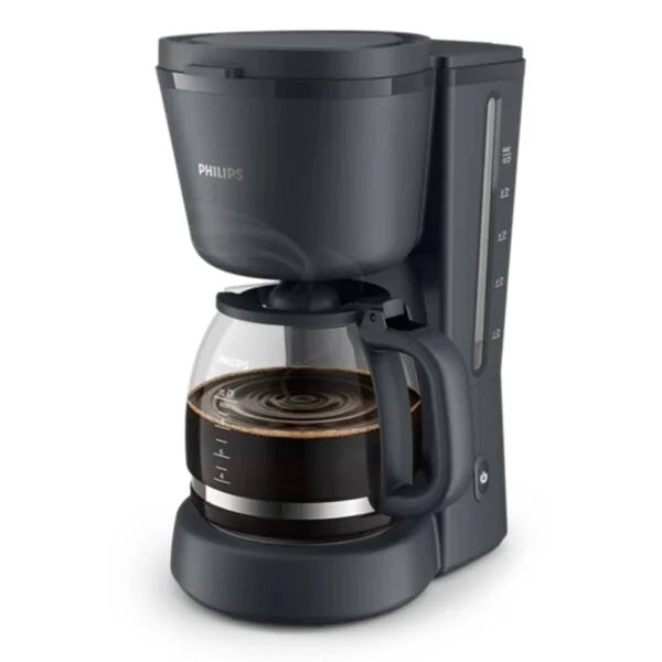 Philips black drip coffee maker studio angle view with brewed coffee in glass pot