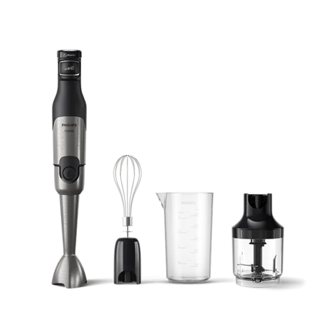 Philips hand blender set including motor unit, blending shaft, whisk, beaker, and chopper attachment