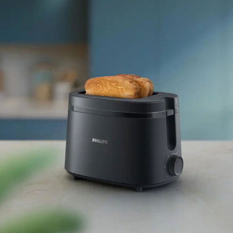 Philips black toaster front view on a kitchen counter