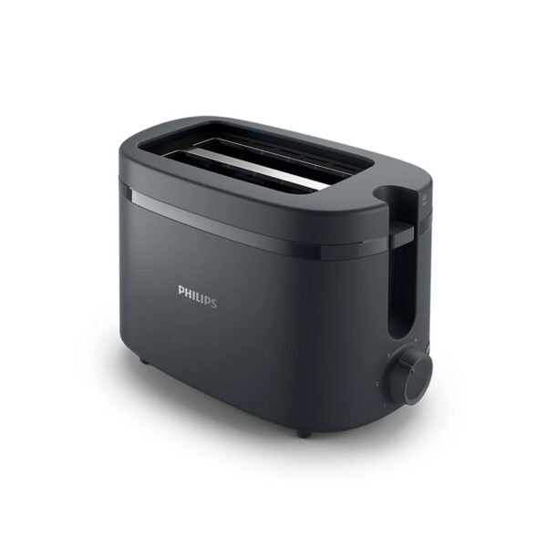 Philips black toaster studio angle view showing dual slots and browning control knob