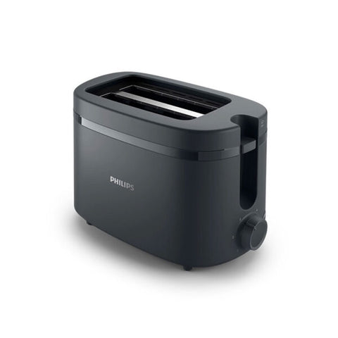 Philips black toaster studio angle view showing dual slots and browning control knob