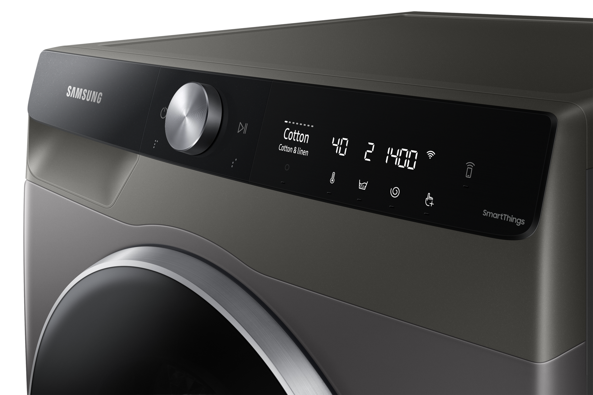 Samsung WD11TP34DSX/FQ AI Control panel with cycle dial and SmartThings display, angled view