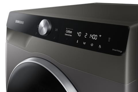 Samsung WD11TP34DSX/FQ AI Control panel with cycle dial and SmartThings display, angled view