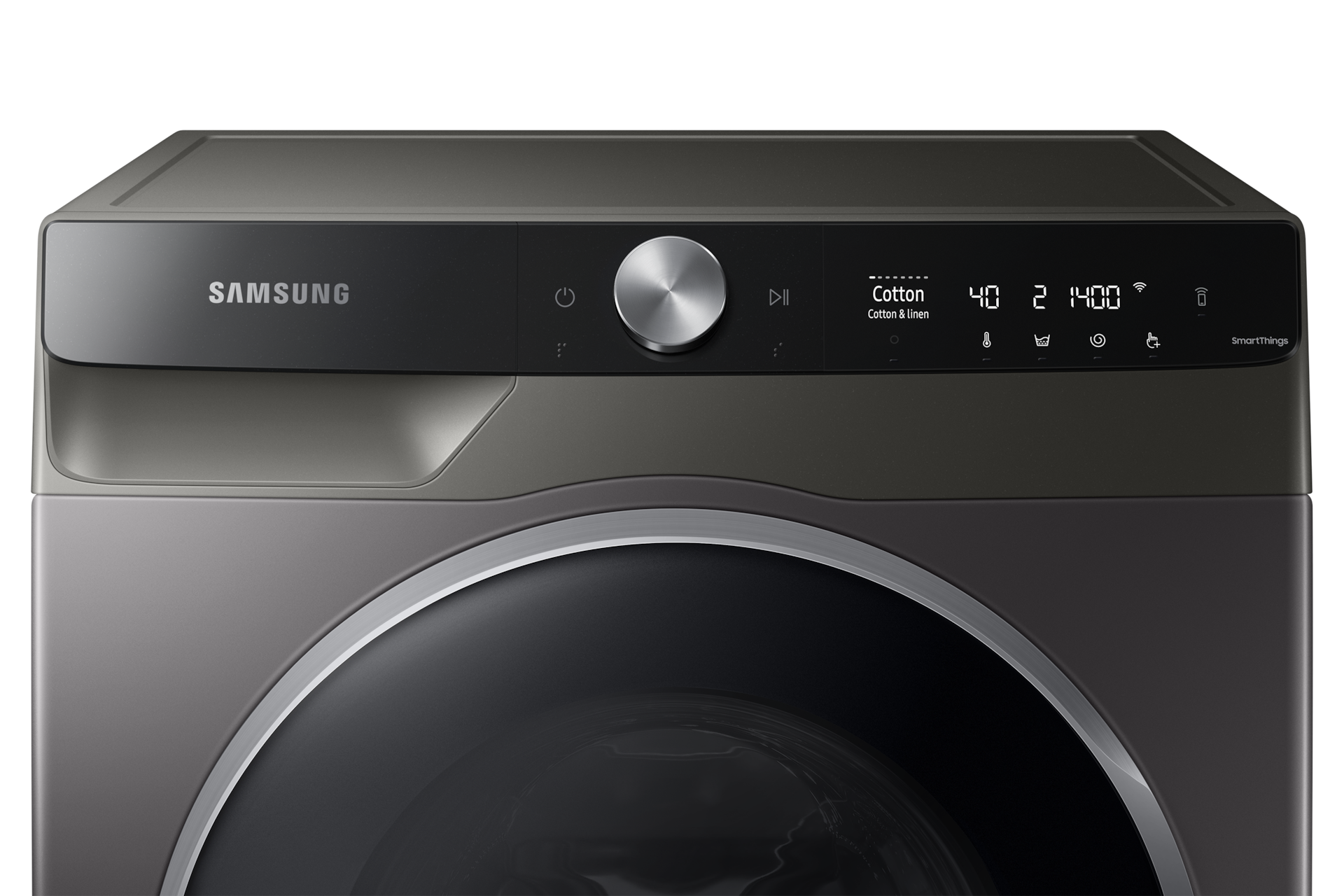 Samsung WD11TP34DSX/FQ front control panel showing Cotton cycle, temperature, spin and Wi-Fi icons