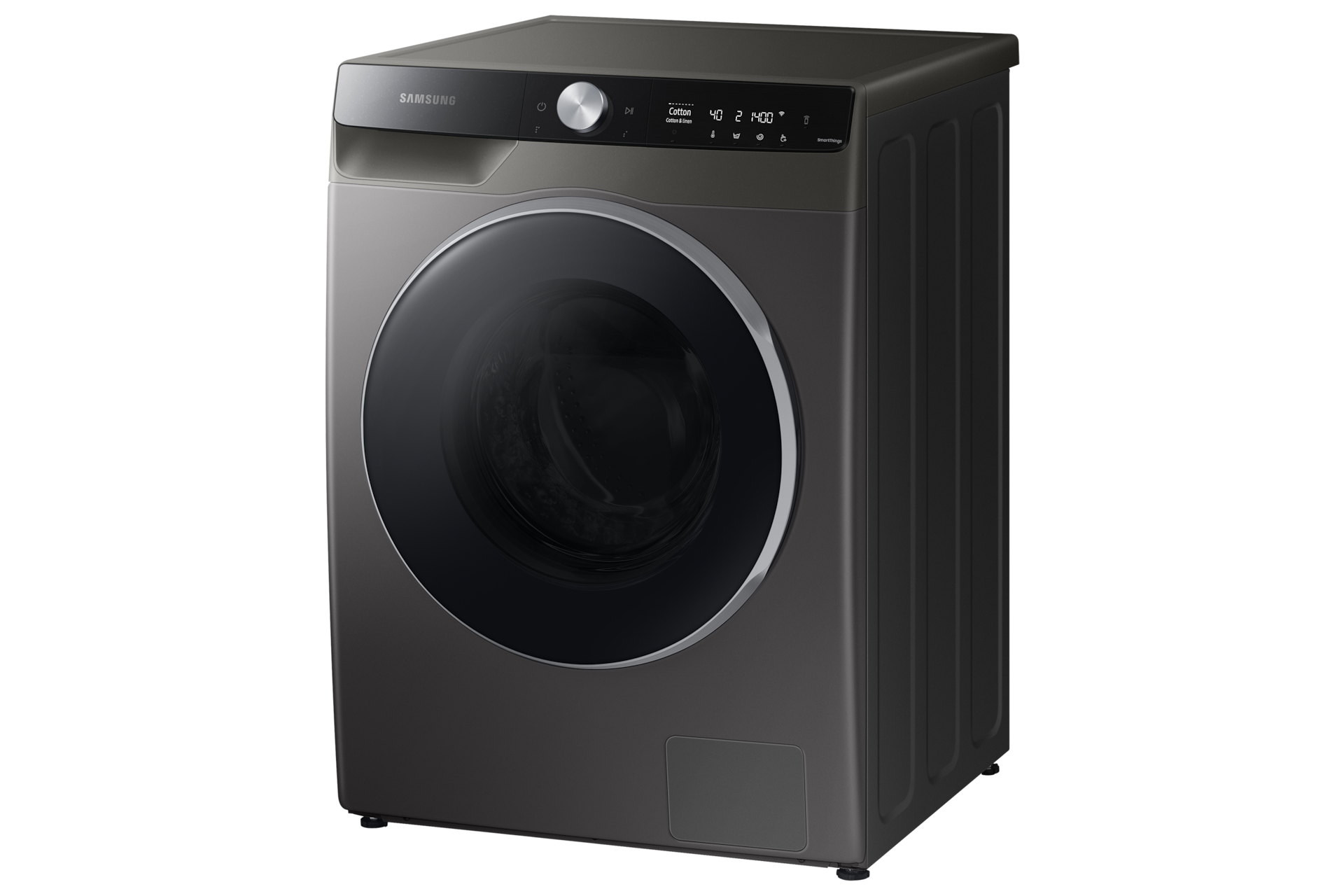 Samsung WD11TP34DSX/FQ washer dryer combo with tinted door and silver trim, angled view