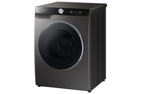 Samsung WD11TP34DSX/FQ washer dryer combo with tinted door and silver trim, angled view