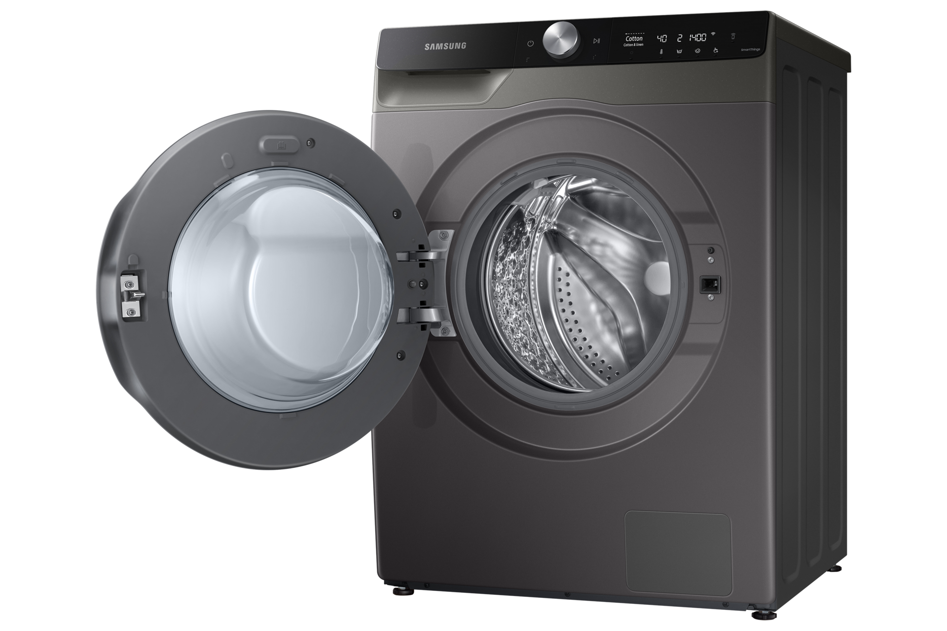Samsung WD11TP34DSX/FQ washer dryer combo with door open, three-quarter view