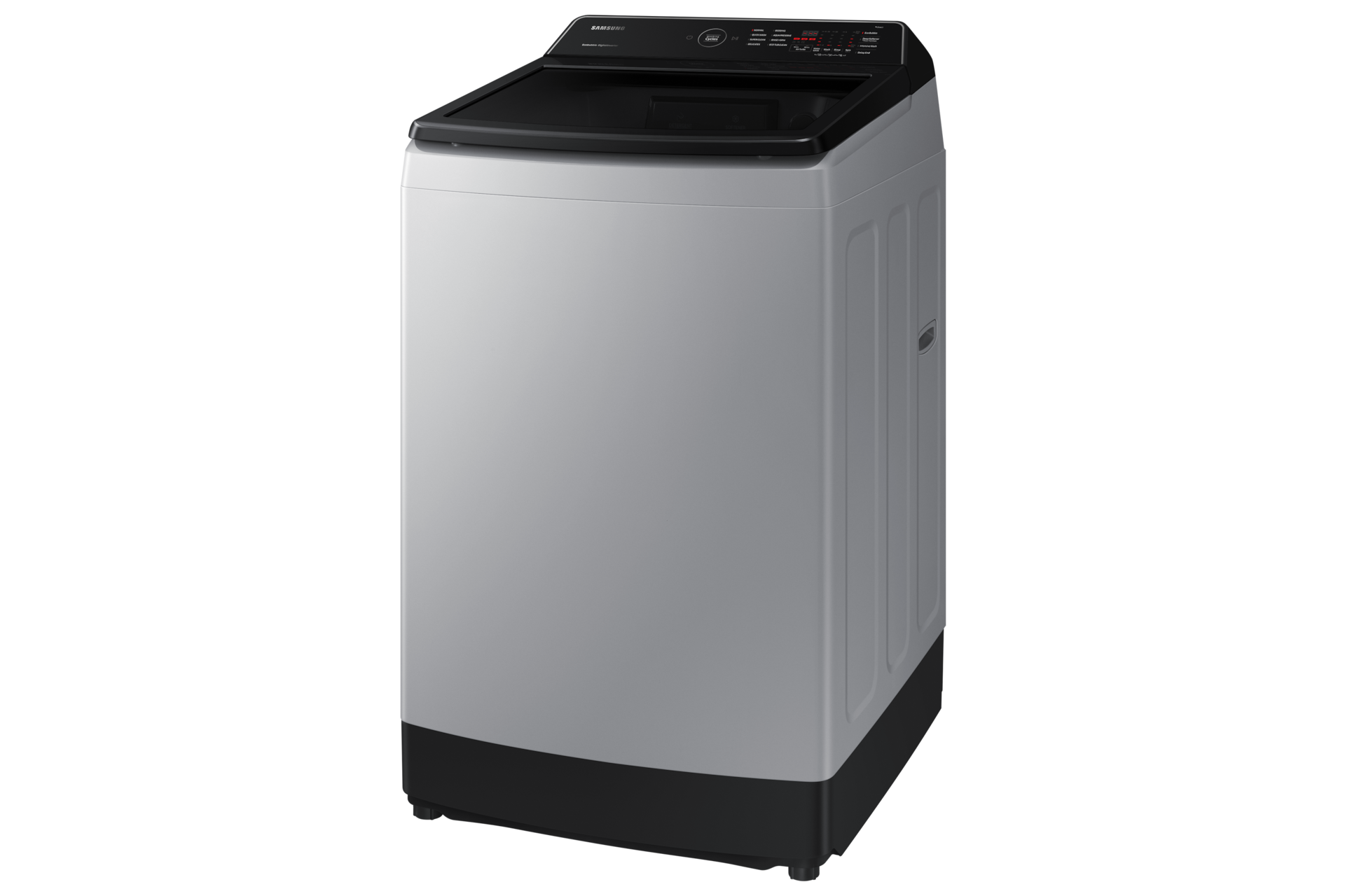 Samsung WA13CK5441BYRT 13kg top load washing machine front three-quarter view in Gray with black lid