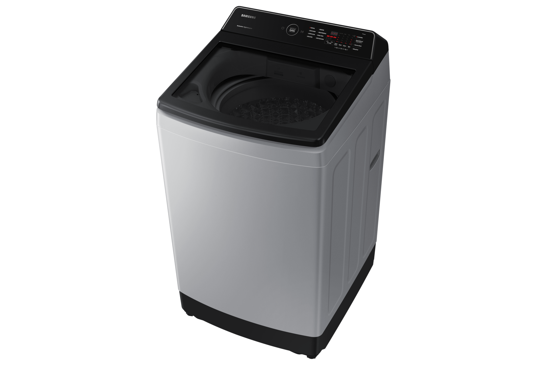 Samsung WA13CK5441BYRT top load washer with lid open showing the PP Dual Storm pulsator drum