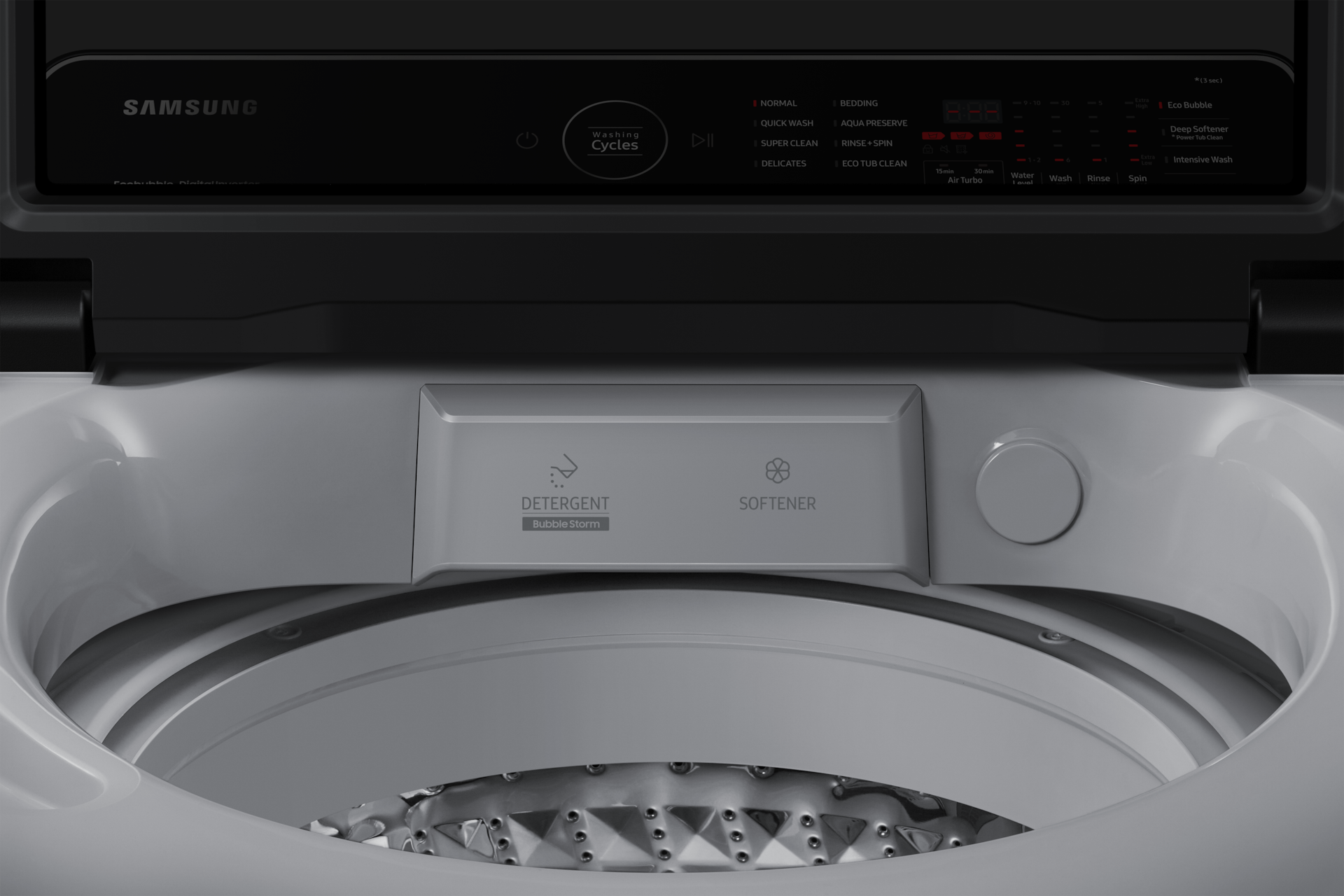 Samsung WA13CK5441BYRT detergent and softener dispenser drawer above the wash drum