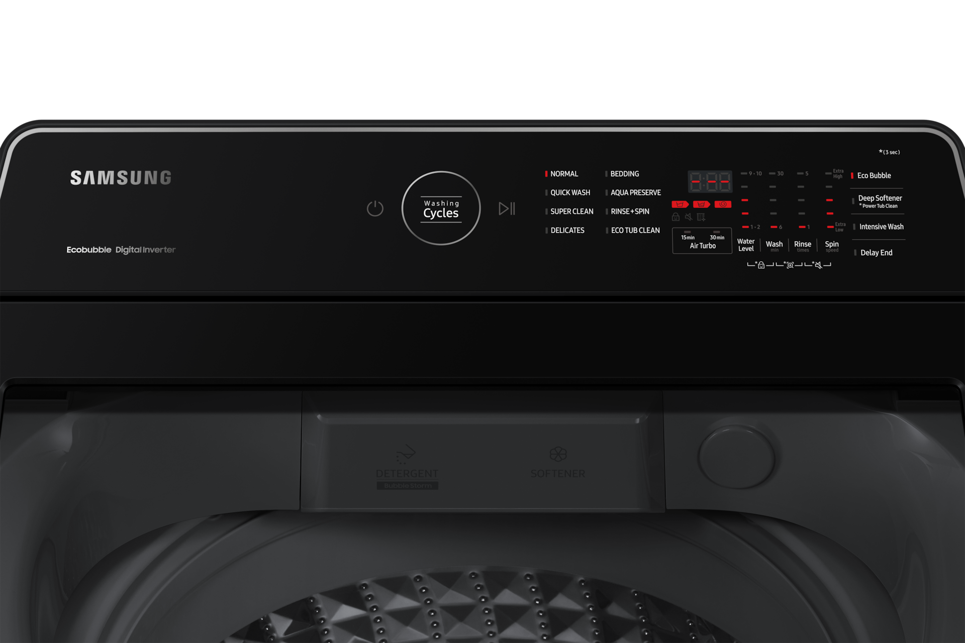 Samsung WA13CK5441BYRT Ecobubble Digital Inverter control panel with wash cycle settings
