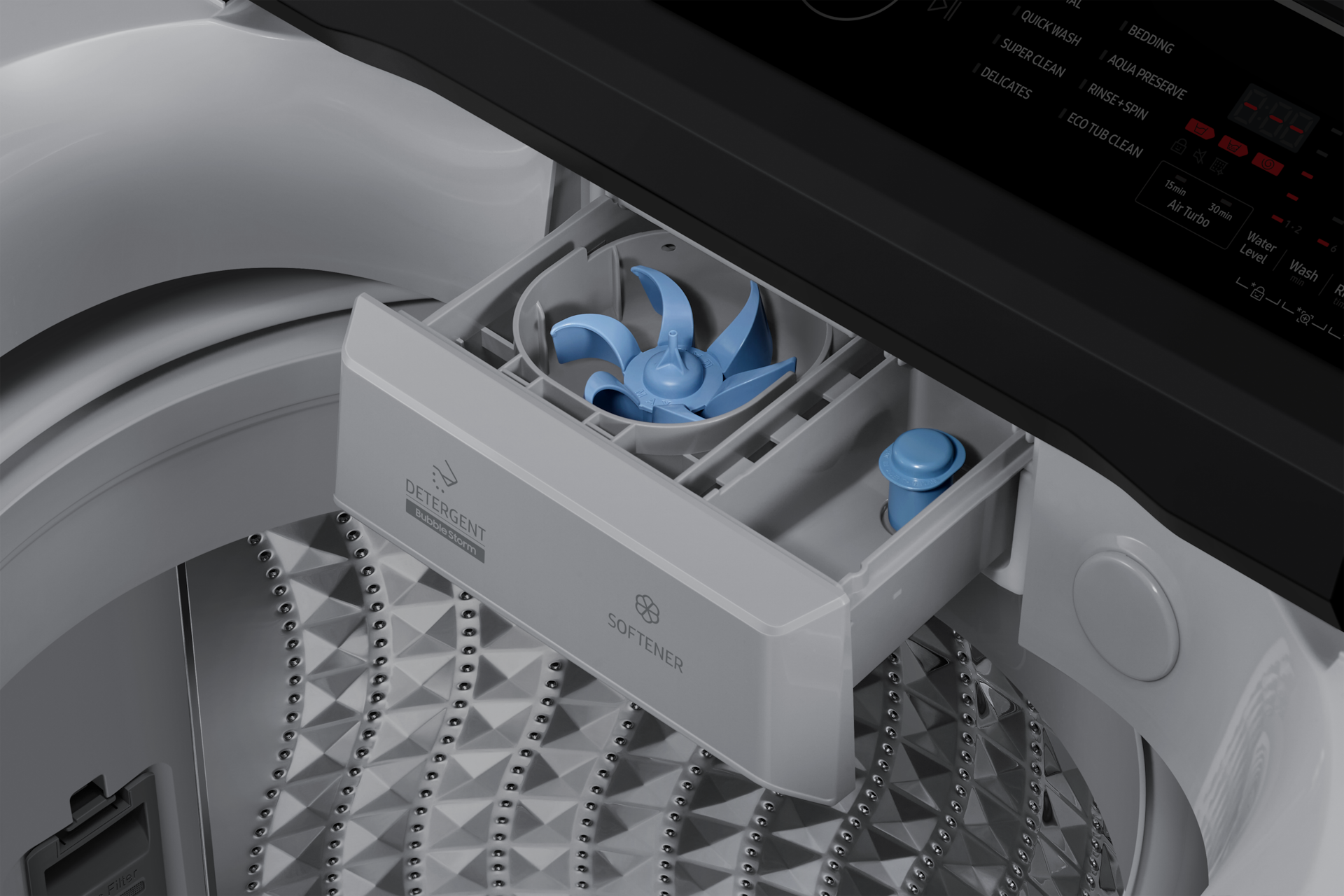 Samsung WA13CK5441BYRT BubbleStorm dispenser drawer open showing the impeller