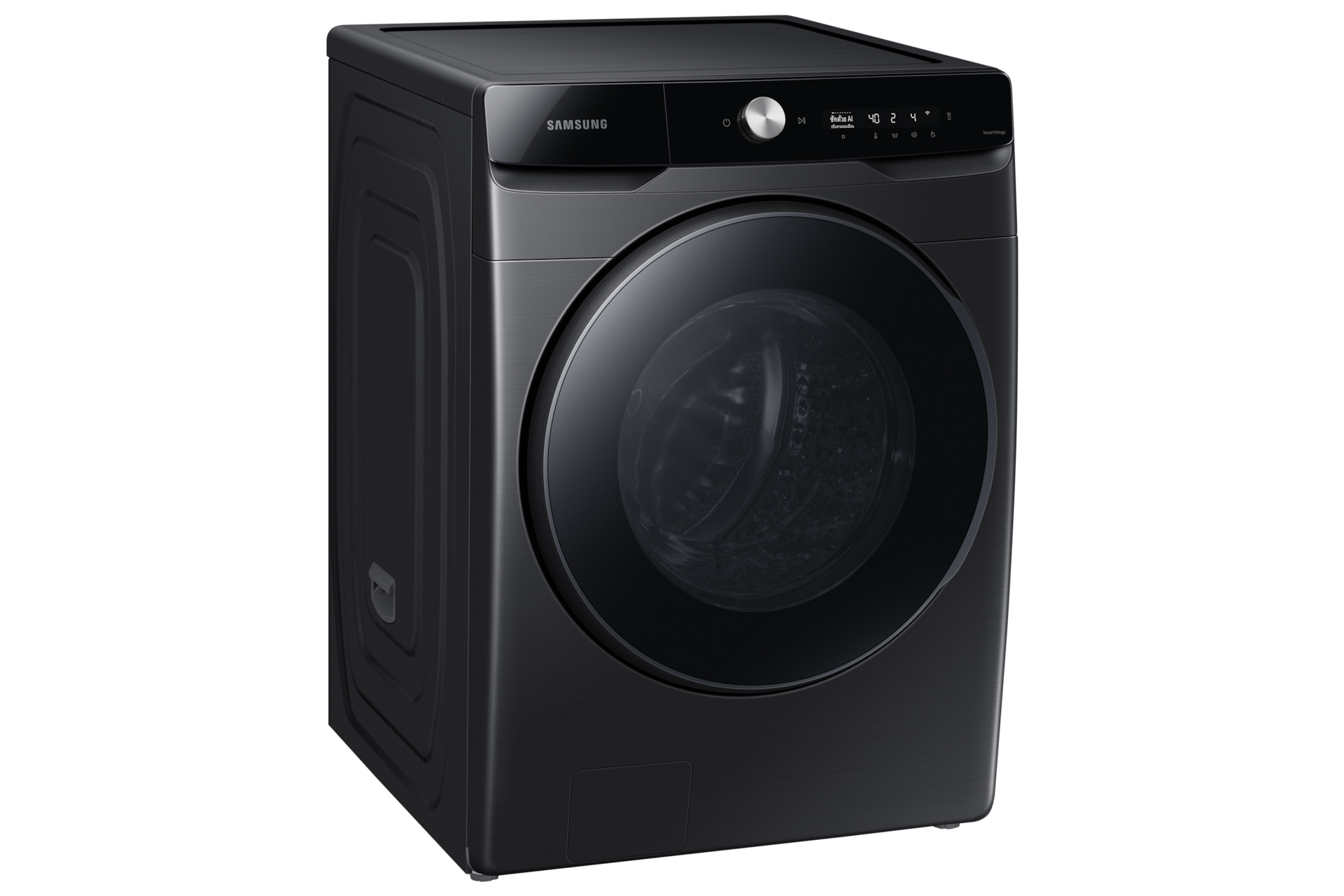 Samsung WD6000T 16kg washer dryer combo in Black, front three-quarter view from the left