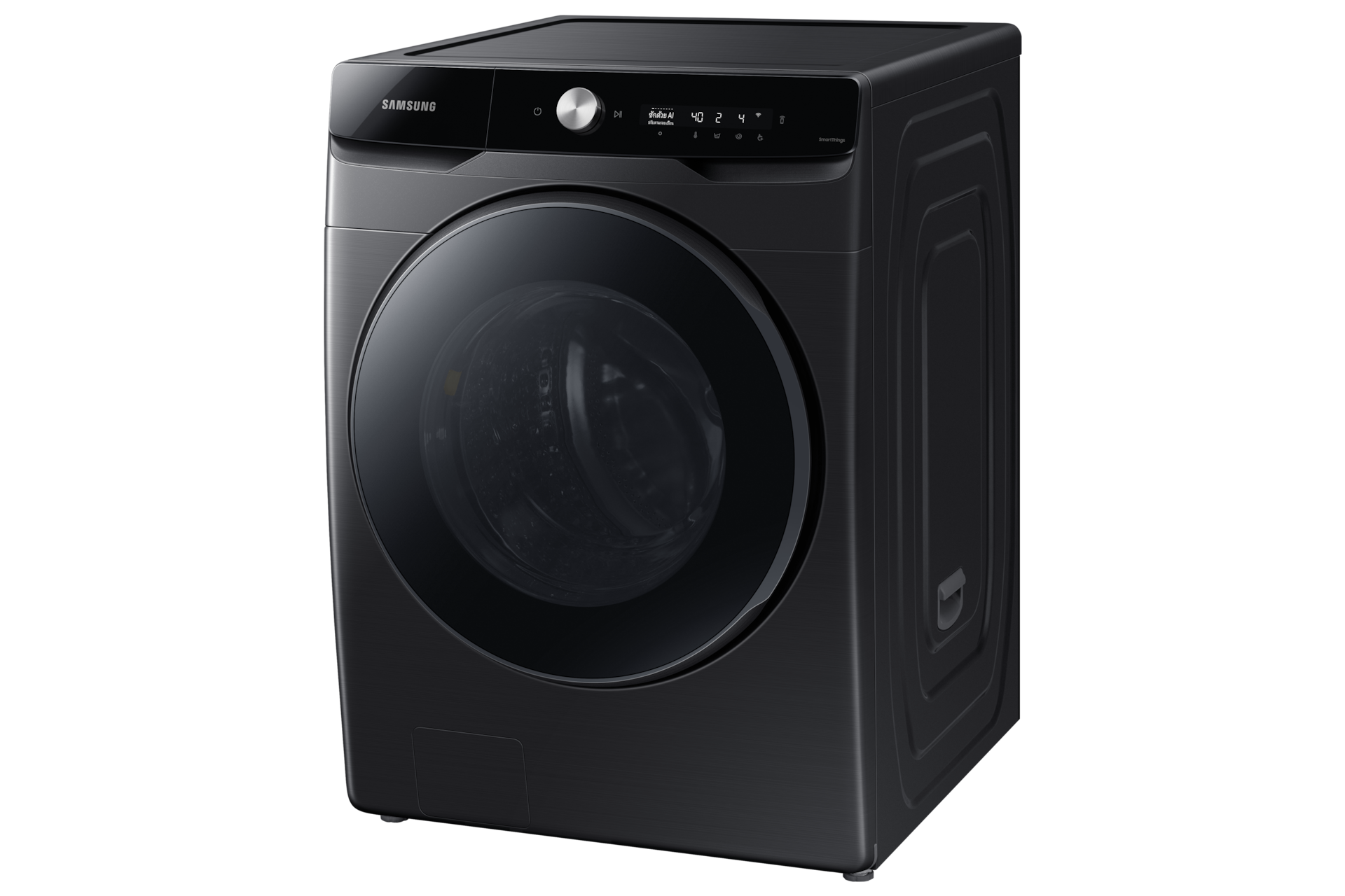 Samsung WD6000T 16kg washer dryer combo in Black, front three-quarter view from the right