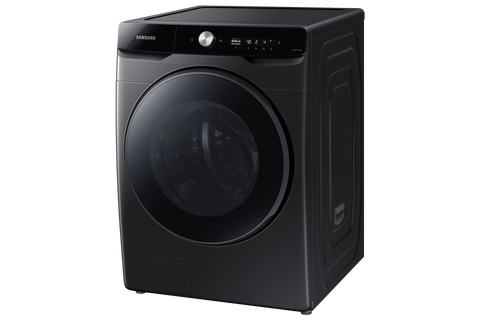 Samsung WD6000T 16kg washer dryer combo in Black, front three-quarter view from the right
