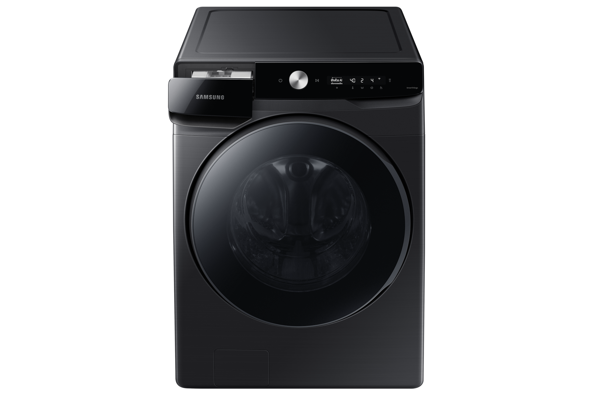 Samsung WD16T6500GV/ST black washer dryer combo, angled front view