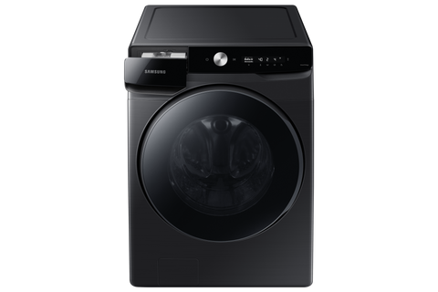 Samsung WD16T6500GV/ST black washer dryer combo, angled front view