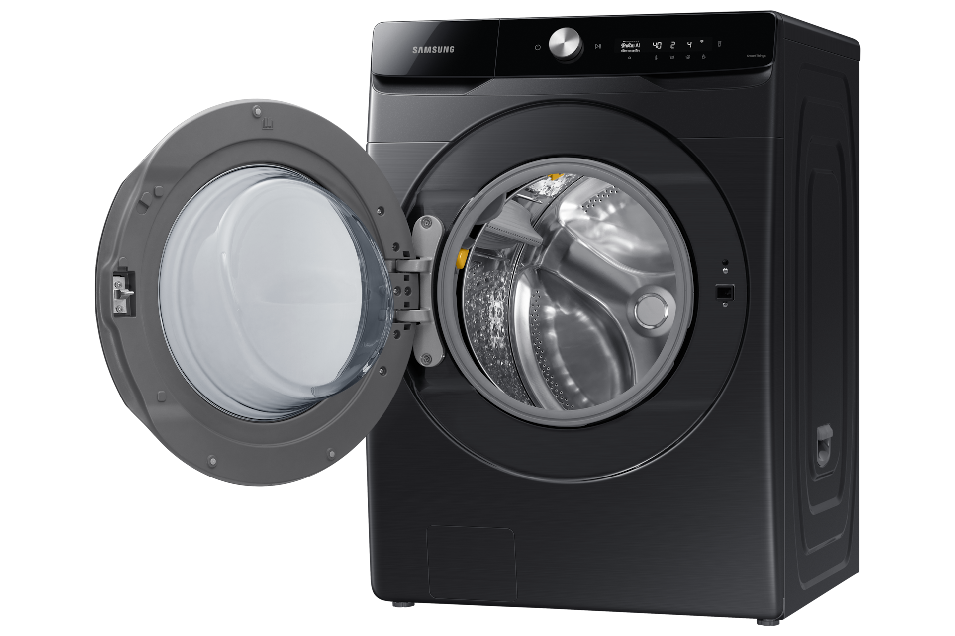 Samsung WD16T6500GV/ST angled view with door open showing the large 16kg drum