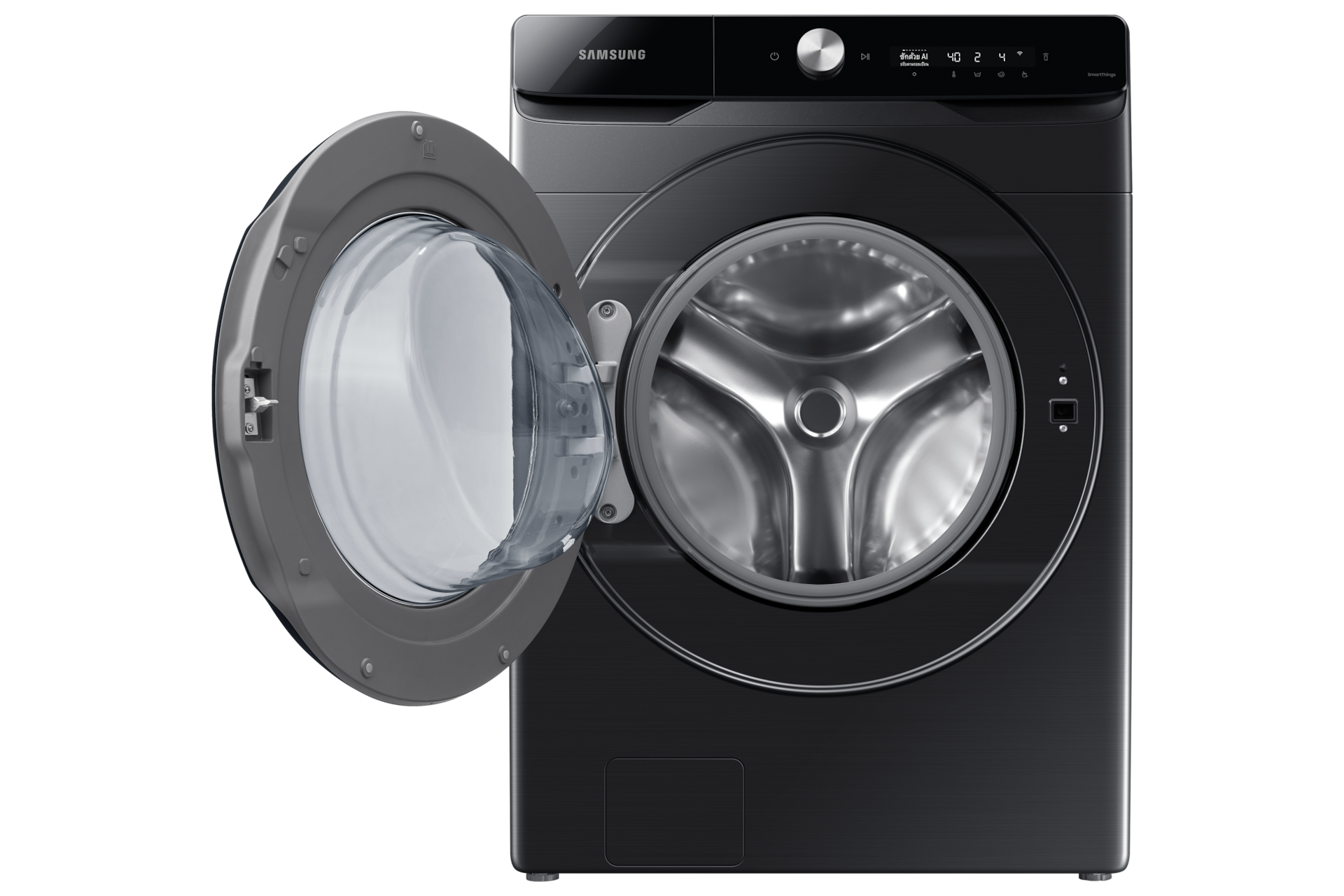 Samsung WD16T6500GV/ST front view with door open showing the drum