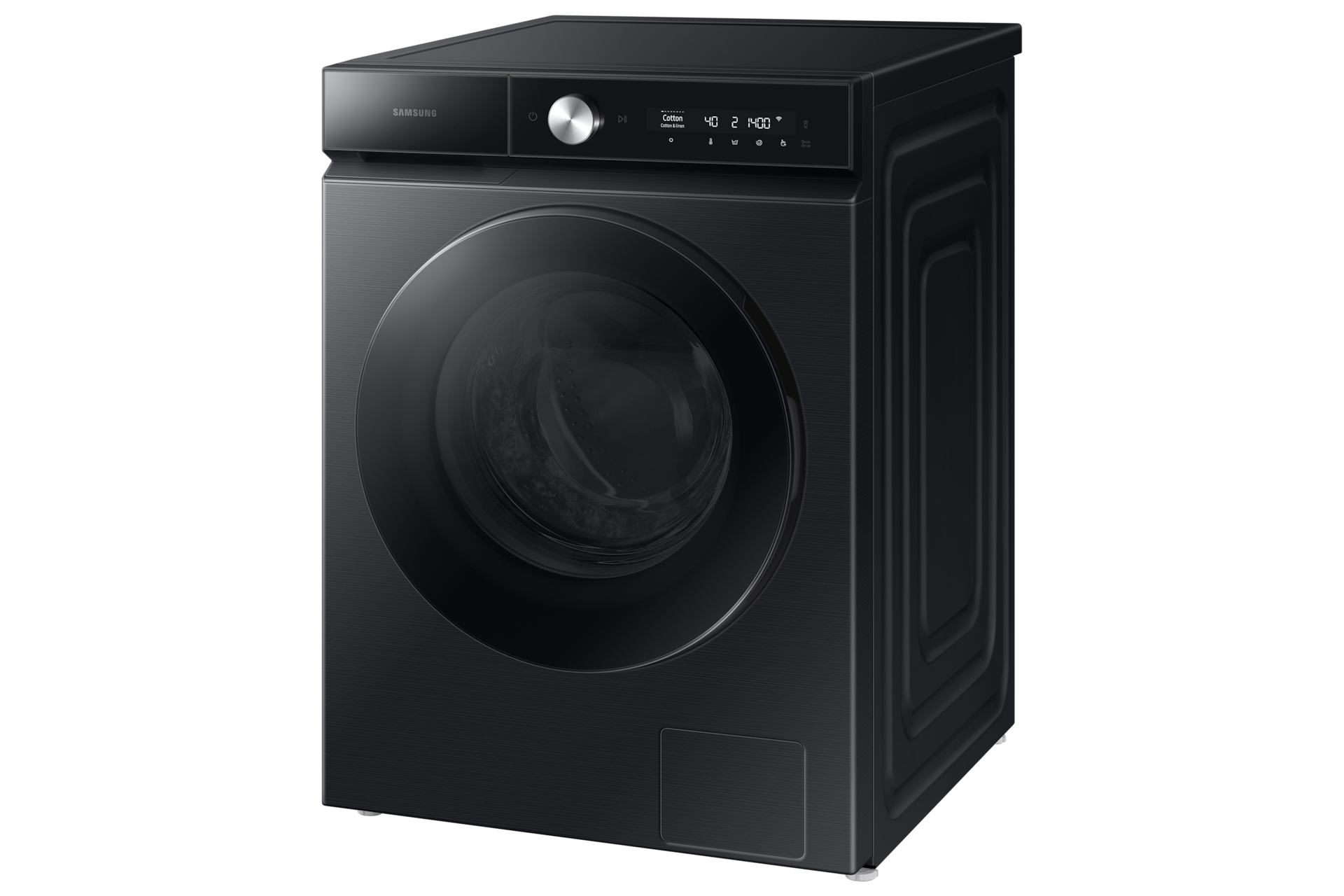 Samsung WD9400B washer dryer combo in Black with tempered glass door, angled view