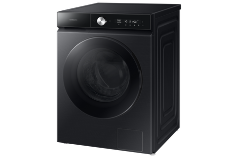 Samsung WD9400B washer dryer combo in Black with tempered glass door, angled view