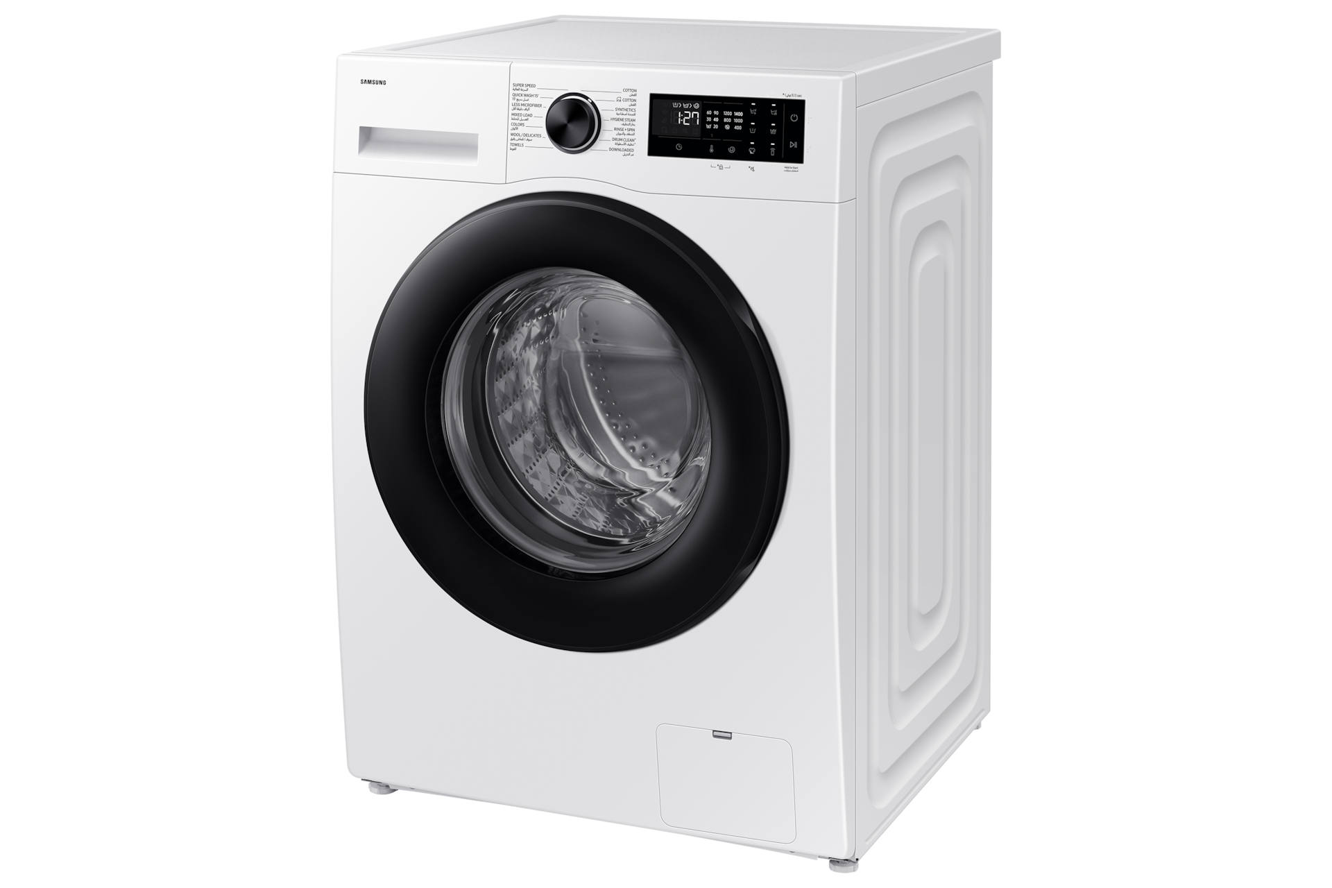 Samsung WW5000D 9kg front load washer in White with black carved door, angled view