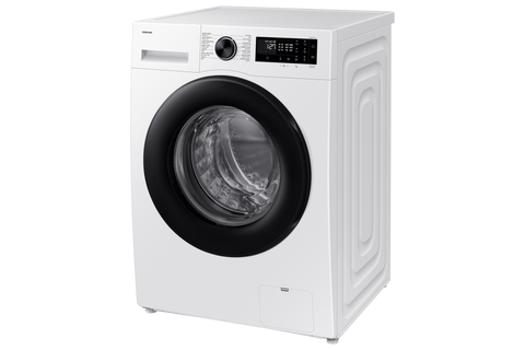 Samsung WW5000D 9kg front load washer in White with black carved door, angled view