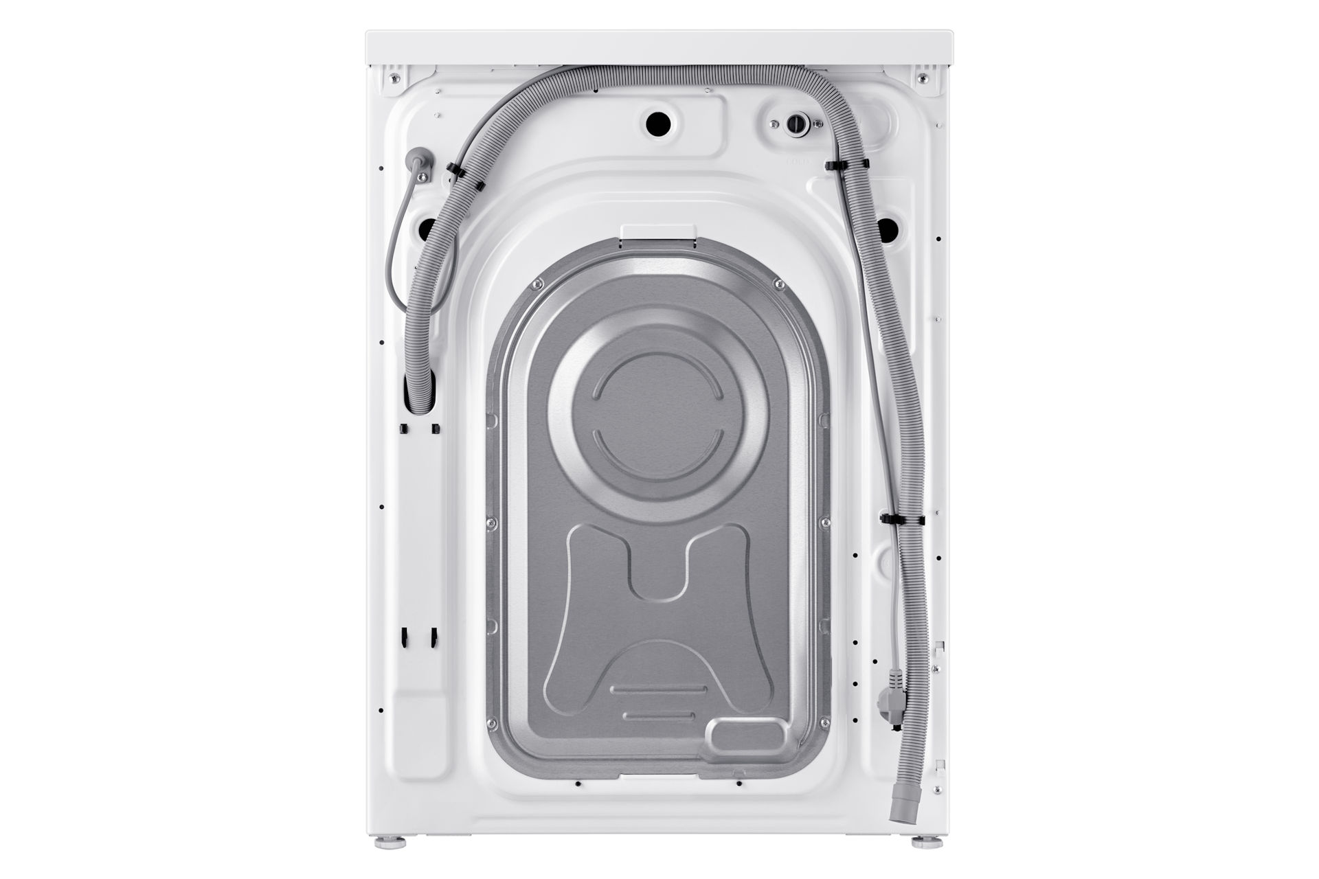 Samsung WW90DG5U34AEGU rear panel showing water inlet, drain hose and power cable