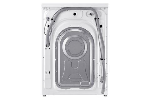 Samsung WW90DG5U34AEGU rear panel showing water inlet, drain hose and power cable