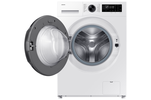 Samsung WW90DG5U34AEGU front view with door open showing the empty 9kg drum