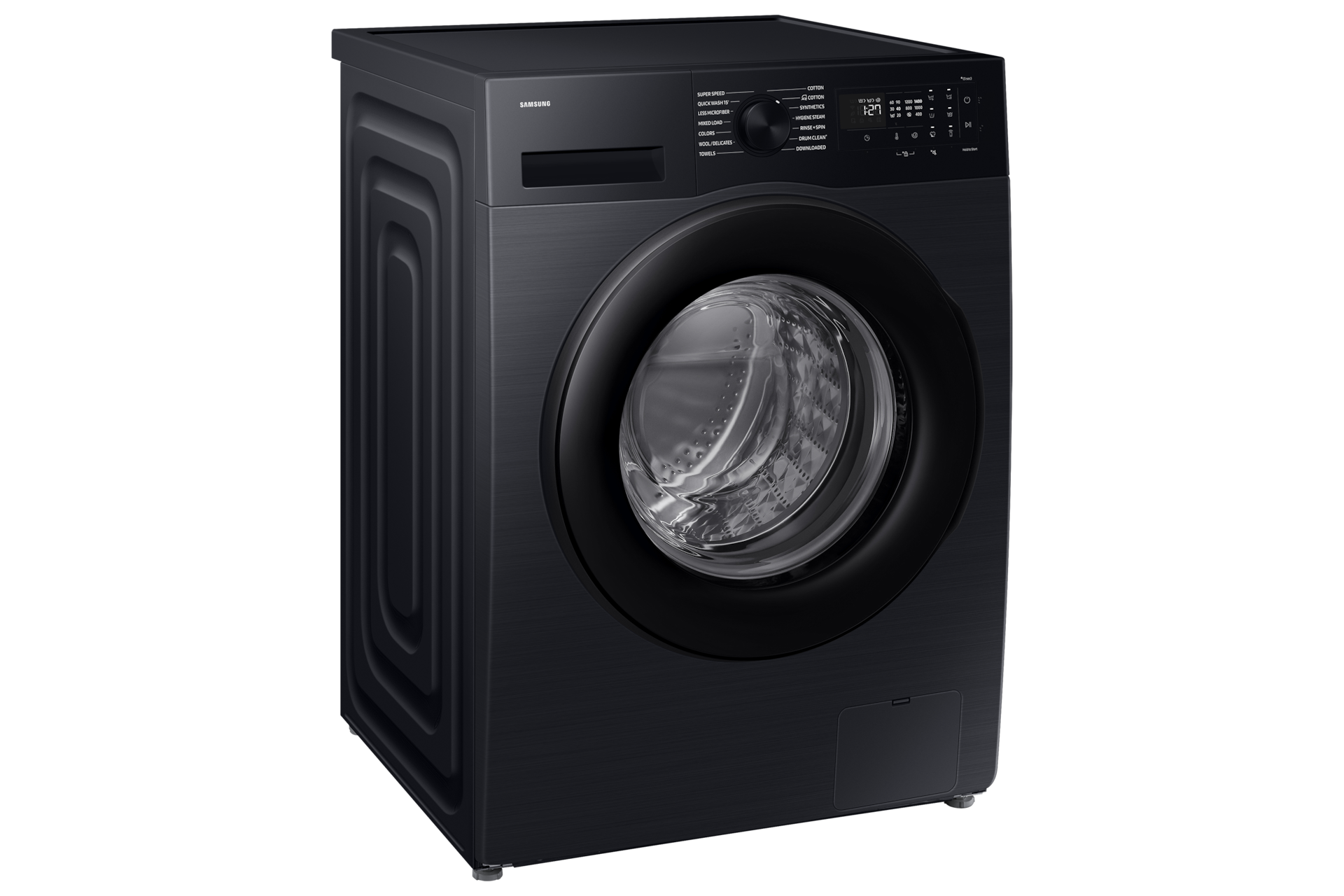 Samsung WW90DG5U34ABFA 9kg front load washing machine front three-quarter view in Black