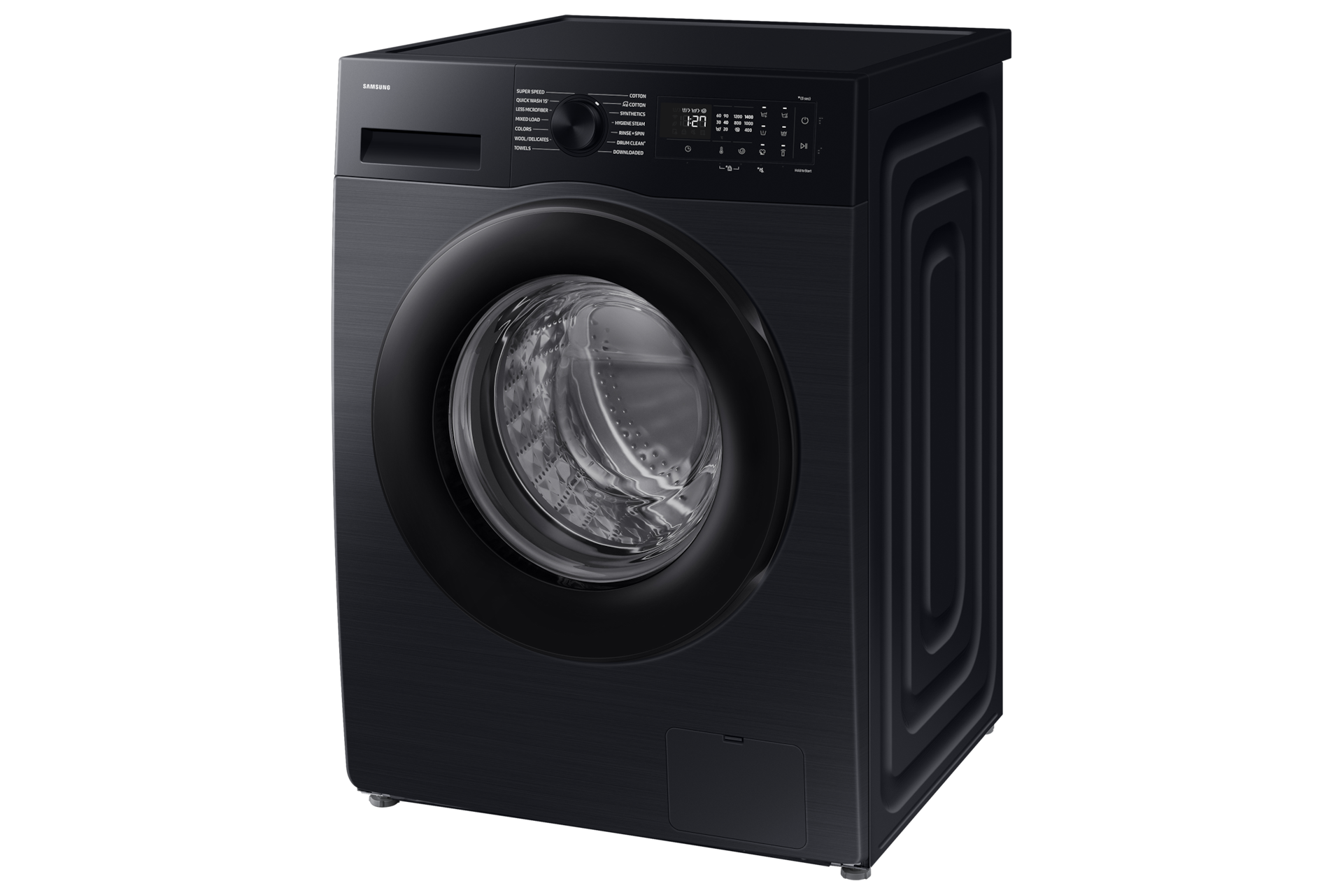 Samsung WW5000D 9kg front load washer in Black with carved door, angled view