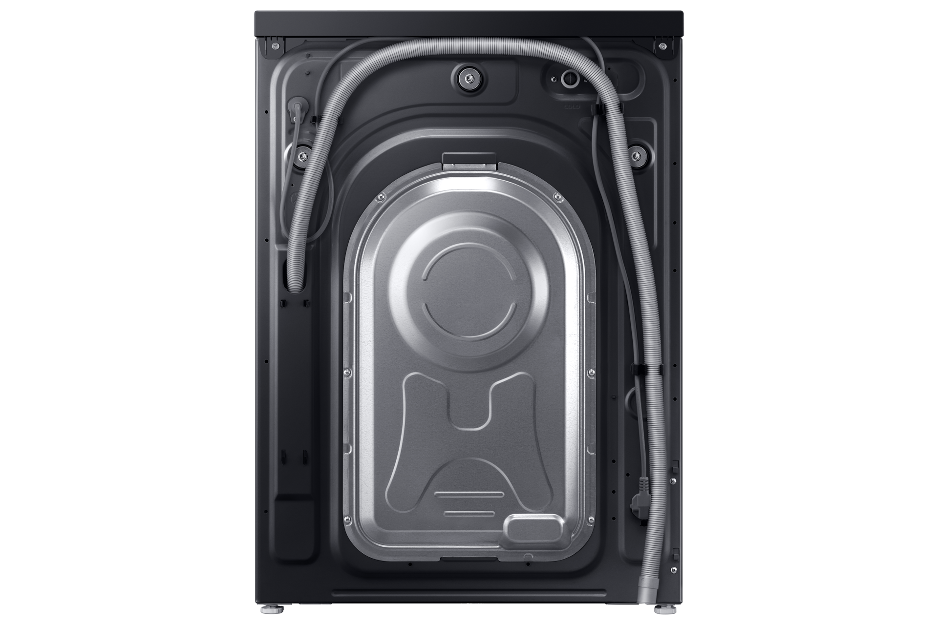 Samsung WW90DG5U34ABFA rear panel showing water inlet, drain hose and power cable