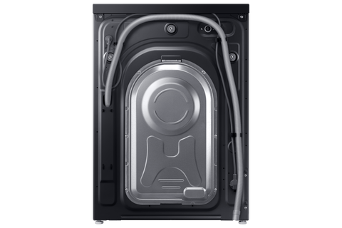 Samsung WW90DG5U34ABFA rear panel showing water inlet, drain hose and power cable