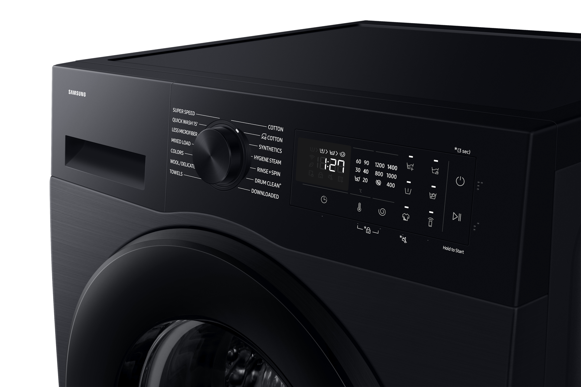 Samsung WW90DG5U34ABFA control panel with cycle dial, display and Hygiene Steam setting