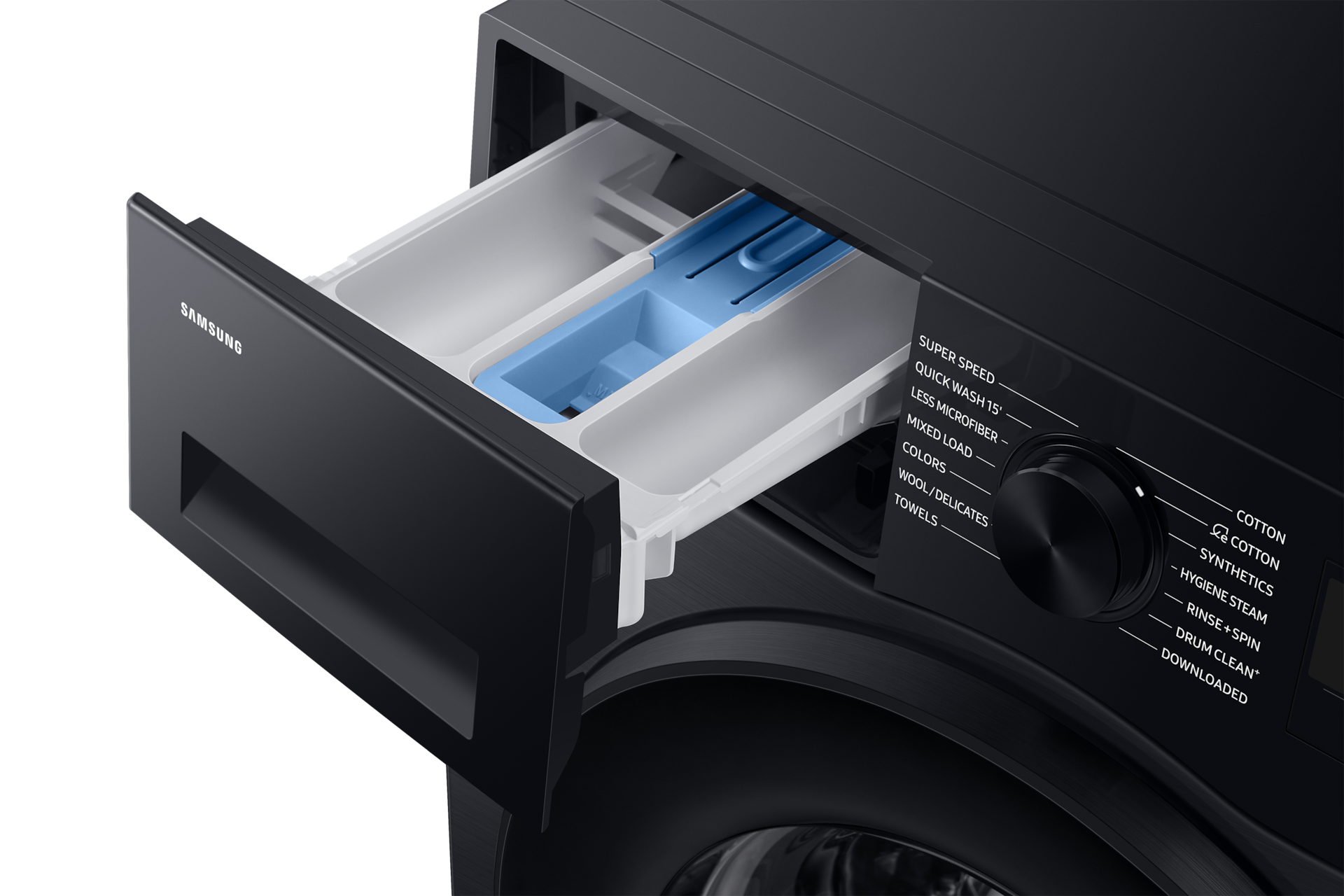 Samsung WW90DG5U34ABFA detergent and softener drawer pulled open