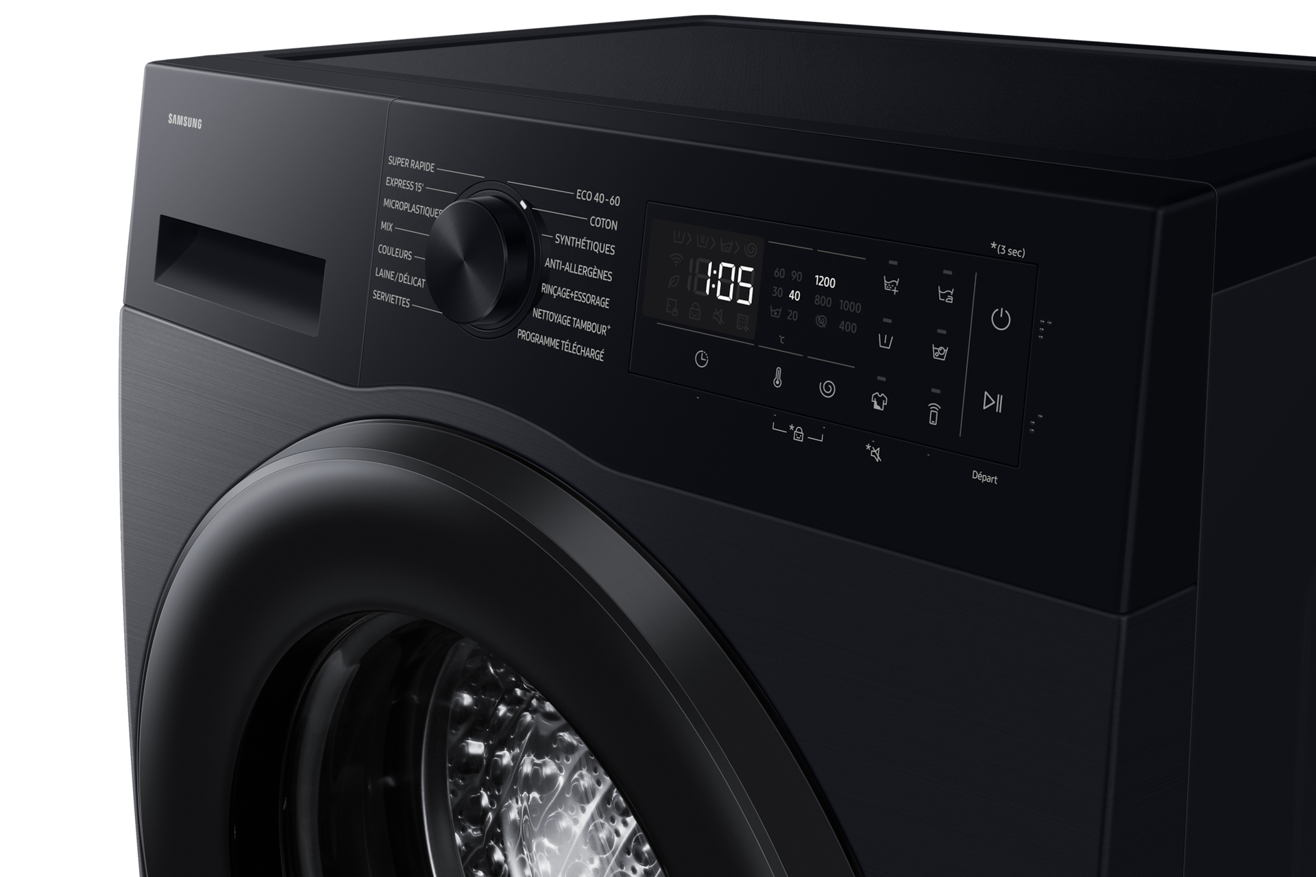 Samsung WW80FG5L32ABMF control panel with cycle dial and display close-up