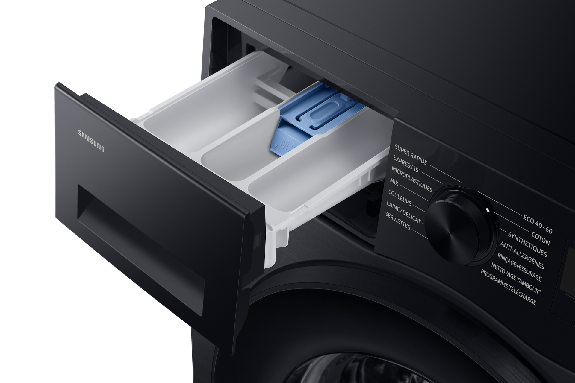 Samsung WW80FG5L32ABMF detergent and softener drawer pulled open
