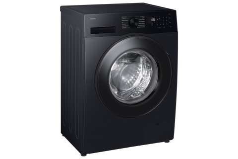 Samsung WW5100F 8kg front load washer in Black with carved door, angled view